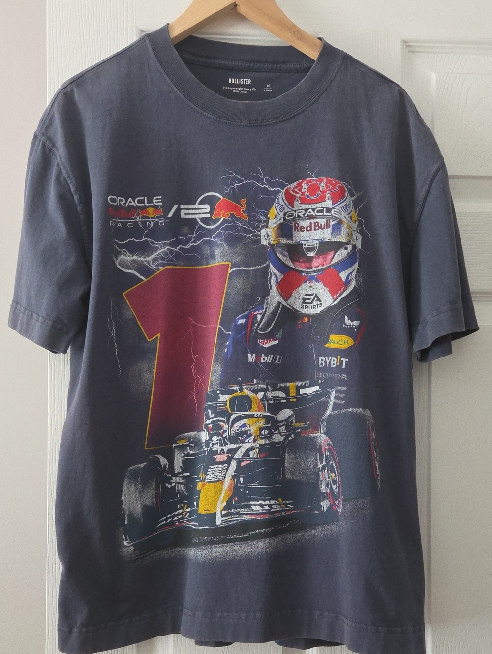 Hollister Navy Graphic Racing Tee with Red and Yellow Accents